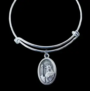Patron Saint of the Impossible St Rita Silver Expandable Bracelet Double Sided Adjustable Wire Bangle Catholic Medal Gift Trendy One Size Fits All Original Designs High Quality