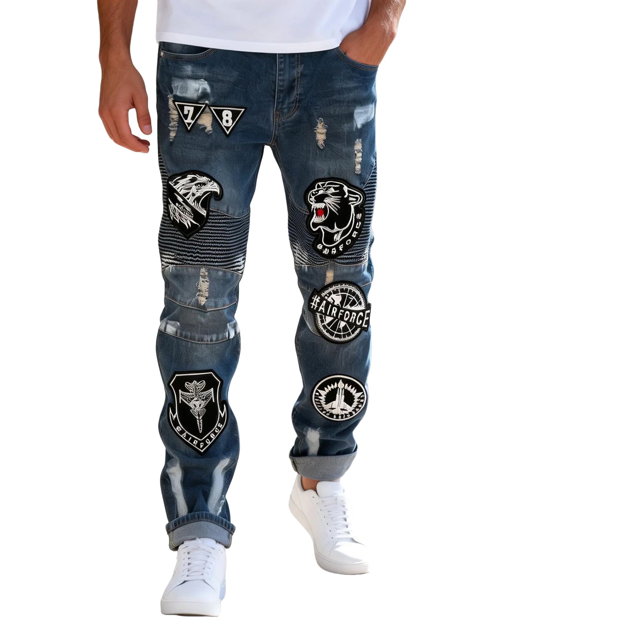 Men'S Motorcycle-Inspired Slim-Fit Straight-Leg Jeans with Multi-Embroidered Badges , All-Season Casual Streetwear, Biker Patches (Hearts, Skulls, Wings, Motorcycle Clubs) - Versatile for Everyday & Motorcycle Riding - Durab008 Menswear Classic levis