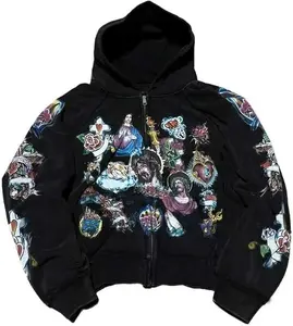 Vintage Clothes Y2k Zip Up Hoodie Streetwear Men Women Graphic Oversized Rapper Hooded Sweatshirts Unisex Acid Wash