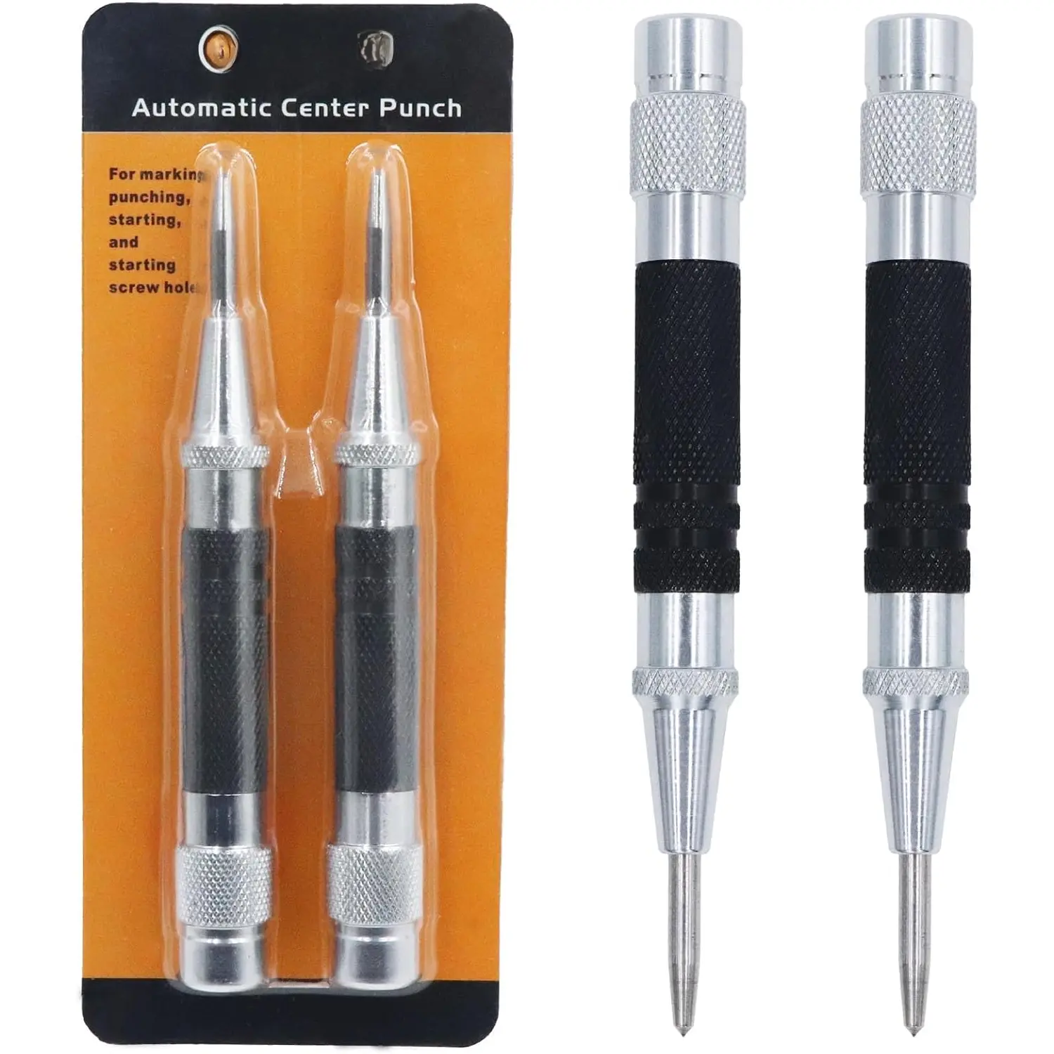 2- Automatic Center Punch, 5 inch Spring Loaded Center Hole Punch with Adjustable Stroke Punch Tool for Metal  Glass Plastic, Metal Punch Tool for Woodworking