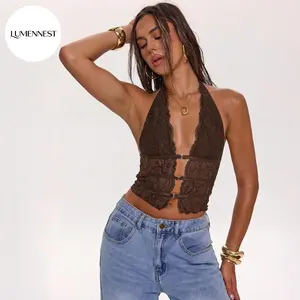 LUMENNEST Women's Stylish Floral Lace Sheer Deep Neck Croset Halter Top, Chic Front Buckle Cropped Blouse, Backless Camisole