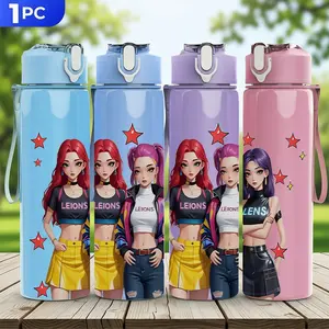 1pc Girls Plastic Water Bottle, Cute Printed Design Plastic Sports Bottle, Flip Top, Reusable, 25oz 750ml Lightweight Leak Proof Travel Drinks Bottle Drinking Cup Running, Ideal Gift for Birthday Christmas Halloween Thanksgiving, Drinkware