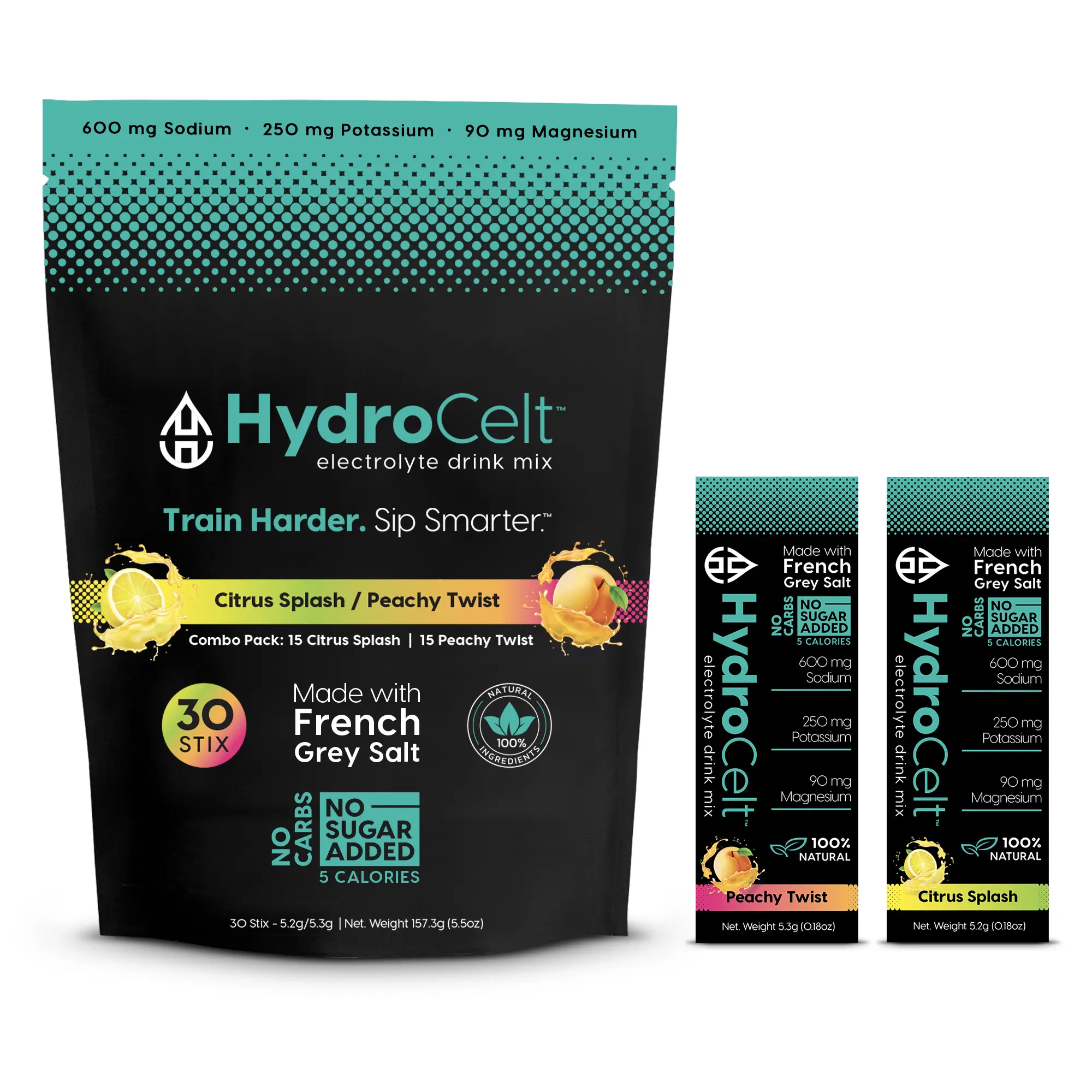 HydroCelt Electrolyte Drink Mix - Sugar-Free, Combo Pack Hydration Powder, 30 Stick Packs with French Grey Sea Salt, Potassium Citrate, Magnesium Gylcinate Beverage Mixed