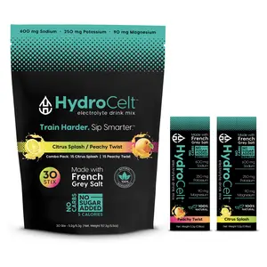 HydroCelt Electrolyte Drink Mix - Sugar-Free, Combo Pack Hydration Powder, 30 Stick Packs with French Grey Sea Salt, Potassium Citrate, Magnesium Gylcinate Beverage Mixed