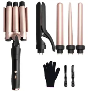5-in-1 Curling Iron Set with Hair Straightener 3 Ceramic Curlers 2 Rapid Heating Curlers Gloves & Clamps Rose Gold Daily Smooth Styling Tools