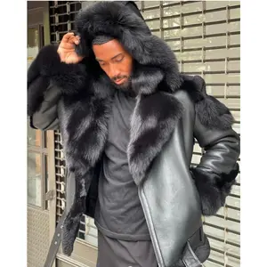 Men's Fashion Black Leather Jacket, Large Fur Collar Hooded, Thickened Fleece Lined Warm Winter Outerwear