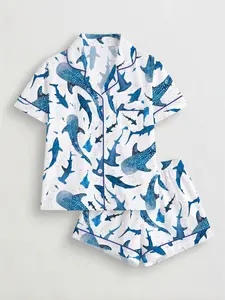 Women's Shark Print Pajama Set, Short Sleeve Button-Up Top and Elastic Shorts, Casual All-Season Sleepwear, Comfortable Home