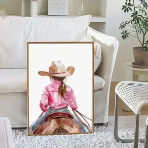 Western Cowboy Horse Theme Baby Room Print Wall Art, Unframed Western Style Nursery Decor for Girls, Modern Riding Themed Bedroom Decoration