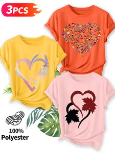 3Pcs Women's Crew Neck T-Shirts, Gradient Floral & Maple Leaf Heart Print Set, Multiple Colors Available, Machine Washable, Spring & Summer Tops, Soft Skin-Friendly Fabric, Daily Versatile, Fashion Design