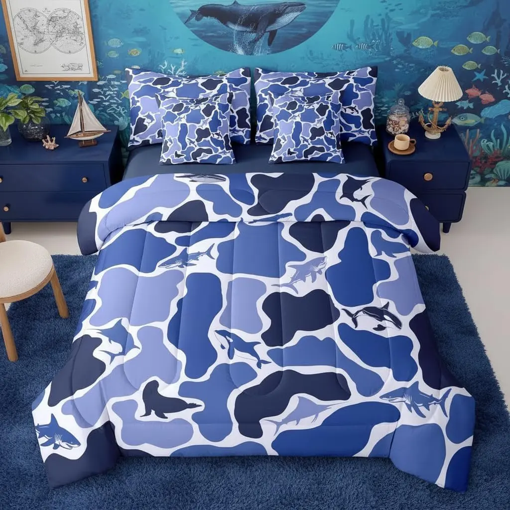 Marine Life Camouflage 7 Piece Bedding Set Ocean Animal Print Comforter Set with Sheets Blue Army Camo Bed in a Bag Sharks Whales Seal Swordfish Bed Sets Comforter