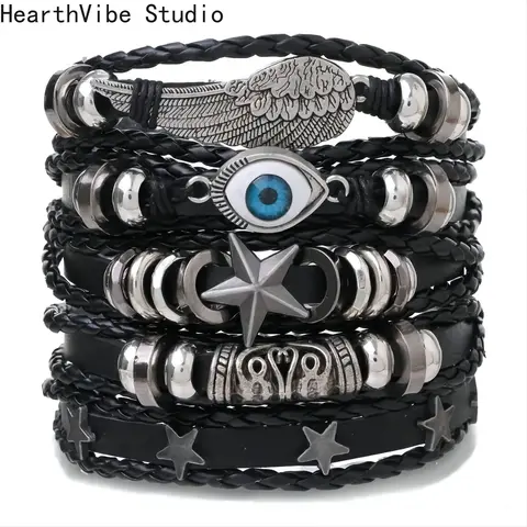 Unisex Boho Style Leather Braided Bracelet - Hand-Woven Multi-Layered Strap, Engraved Eyes Exquisite Wristband, Sports & Outdoor Jewelry, Alternative Accessory, Gift for Boyfriend, Boho Style Bracelet