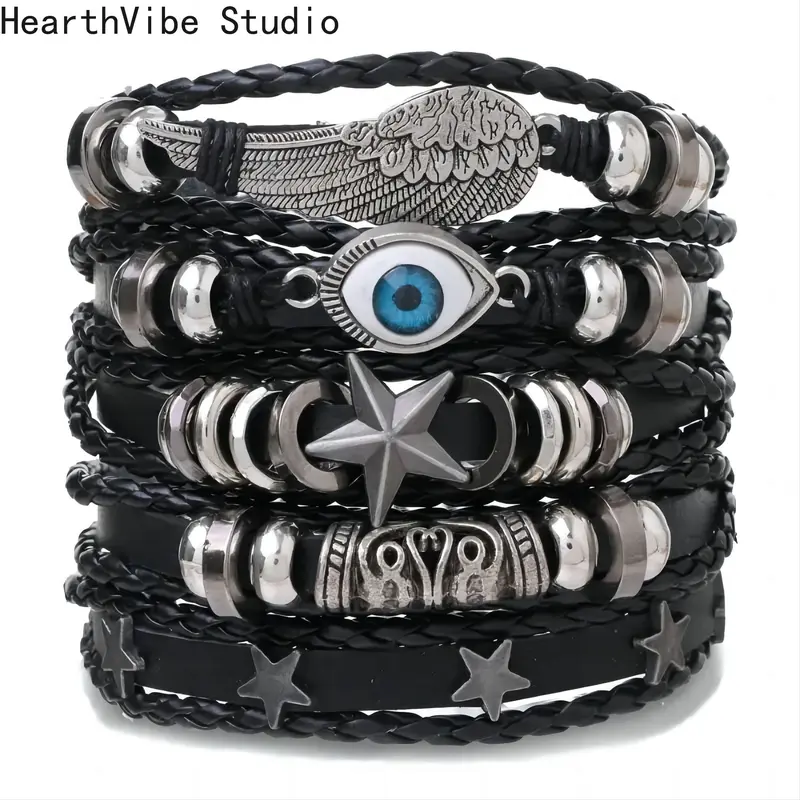 Unisex Boho Style Leather Braided Bracelet - Hand-Woven Multi-Layered Strap, Engraved Eyes Exquisite Wristband, Sports & Outdoor Jewelry, Alternative Accessory, Gift for Boyfriend, Boho Style Bracelet