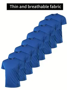 Men's Blue Quick-Dry Short Sleeve Fitted T-Shirts, Breathable Skin-Friendly Fabric, Moisture-Wicking Mesh, Summer Casual Wear, 8 Pack