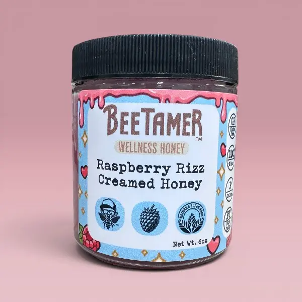 BeeTamer's Raspberry Rizz Creamed Honey - 6oz Raw Creamed Honey with Real Raspberry Powder Bold Sweet-Tart Flavor for Health and Wellness
