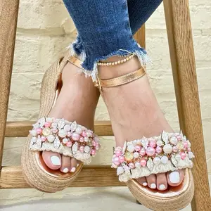 Handmade Platform Sandals High Quality Comfort 5cm Heel with Pearl Embellishments for Women Elegant Design