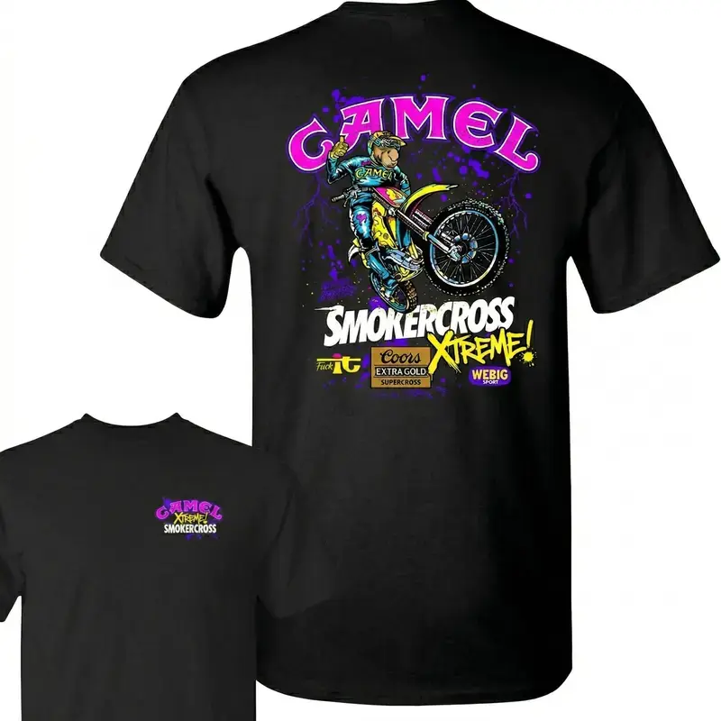 Men's Vintage 90s Camel SmokerCross Xtreme Motocross Graphic Shortsleeve T-Shirt - Classic Crew Neck Streetwear, Neon Dirt Bike Racing Cotton Normal Type Casual Top, Ideal Gift for Motorcycle Fans