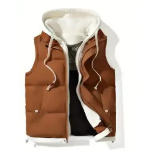 Fashion Versatile Outerwear Vest Jacket Luxury Faux Two Piece Sleeveless Hooded Zip-Up Beige Polyester Solid Man Menswear Spring/Autumn Machine Washable Casual Zipper Pocket Simulation Two-piece Vest Jacket Wetsuit Plain
