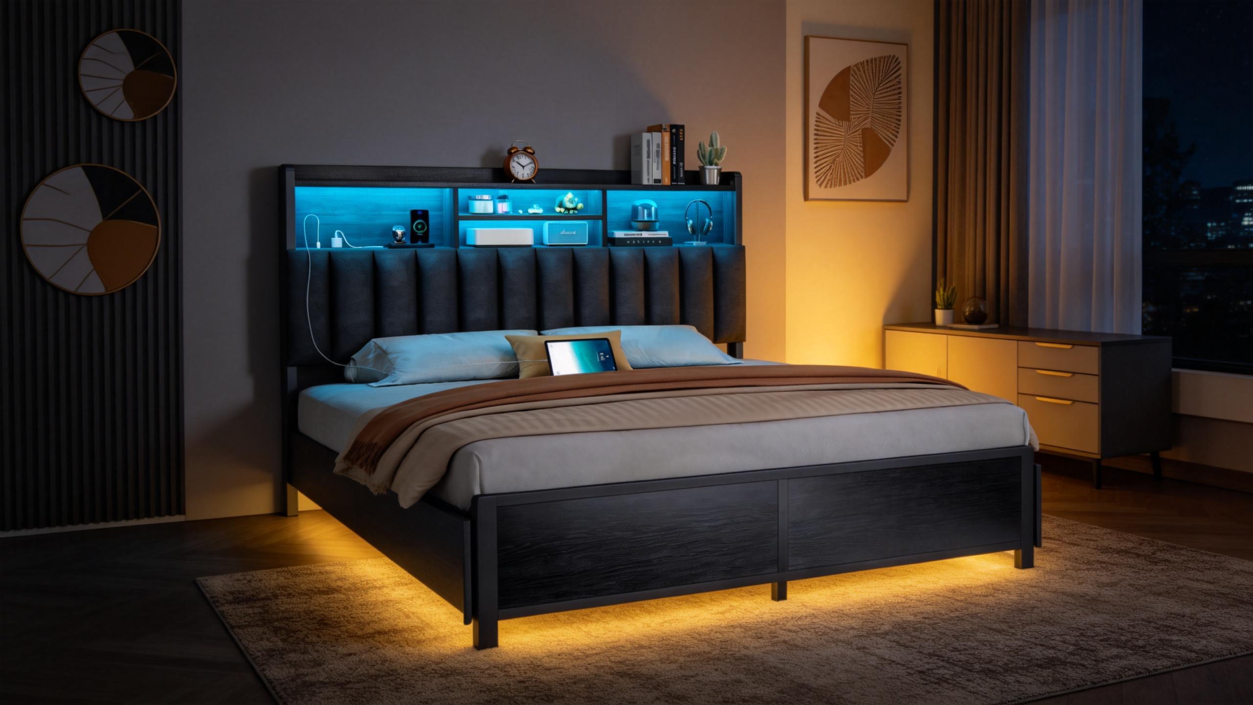 Queen Bed Frame with LED Lights & Charging Station, Metal Platform Bed Frame with 2 Tier Storage Headboard, Under Bed Storage, No Box Spring Needed, Outlet Mute Strips, Soft Backrest, Easy Assemble