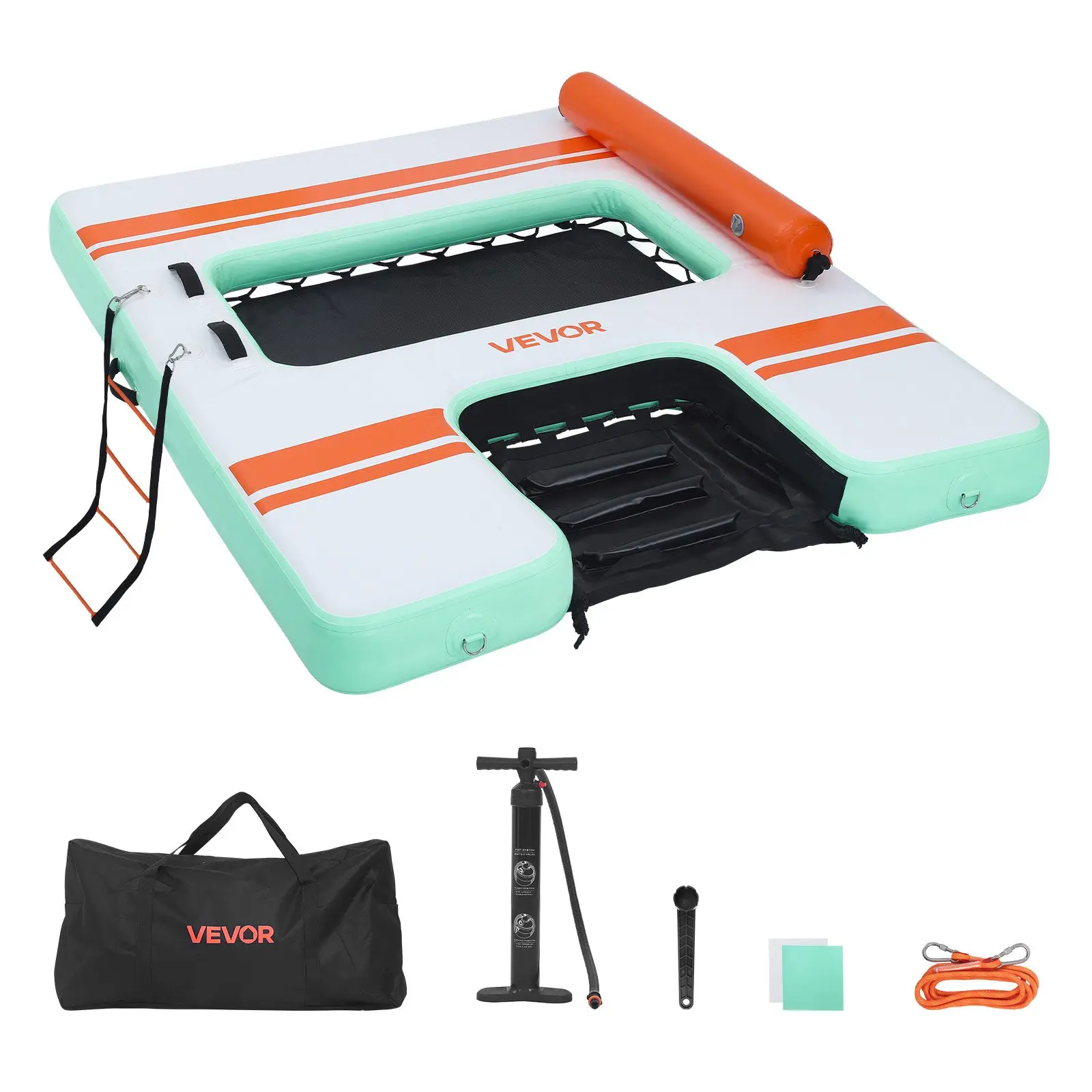【Summerfinds】VEVOR PVC+Fabric Inflatable Floating Dock Platform (8x6x0.5 FT), Brushed Non-Slip Water Air Mat with 35.7 lbs Portable Bag, Detachable Ladder, Dual-Action Hand Pump for Ocean Sports, Inflatable Pool Floaters, 4x2 FT Mesh Pool Compatibility, M