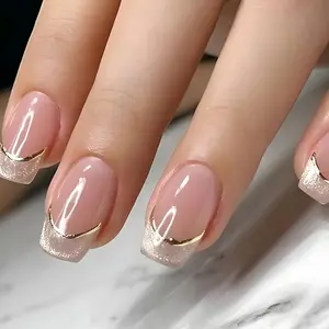 24pcs Wearable Nails French Tip Design Medium Long Square Cat Eye Fake Nails Simple High-End Nail Art Glittering Fake Nails