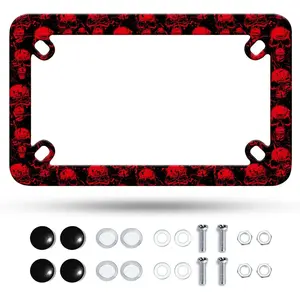 Motorcycle Red Skull License Plate Frame Halloween Stainless Steel Material Funny Motorbike License Plate Holder Motorcycle Accessories 7" X 4" Inch