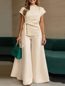 ZANZEA Women's Fashion Chic European Style Casual Set, Suits, High Neck Drop Shoulder Short Sleeve Top, Wide Leg Pants, Two Piece, No Pockets