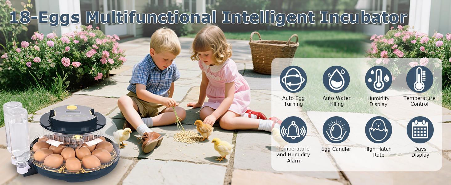 18-Egg Incubator — Fully Automatic Egg Turning & Water Refilling; Features Digital Temperature & Humidity Display, Incubation Countdown Timer, and Built-in Egg Candler; 360° Panoramic Viewing Design; Suitable for Incubating Chicken, Duck, and Quail Eggs.