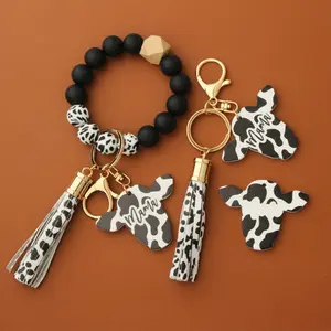 Cow Silicone Beads Leather Tassel Cute Cow Wood Bull Wooden Bead Bracelet MAMA Silicone Wristlet Keychain