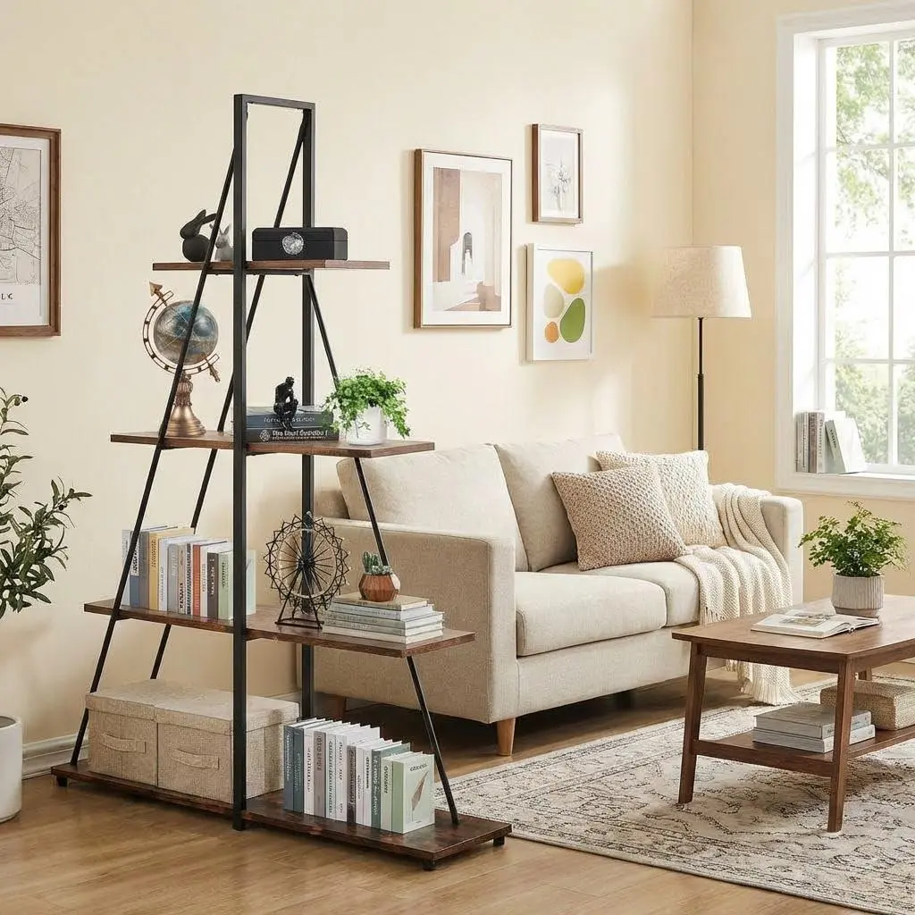 4 Tier Ladder Bookcase, Book Shelf, with Sailboat A-Shaped Design, Narrow Storage Display Shelves, Sturdy Wood and Metal Frame, Modern Bookshelf for Living Room, Home Office, Bedroom