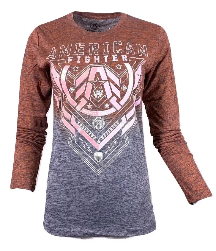 American Fighter Women's Kendleton Dip Dye Graphic T-Shirt, Long Sleeve Mock Twist Cotton Blend Crew Neck Top, Graphic T Shirts