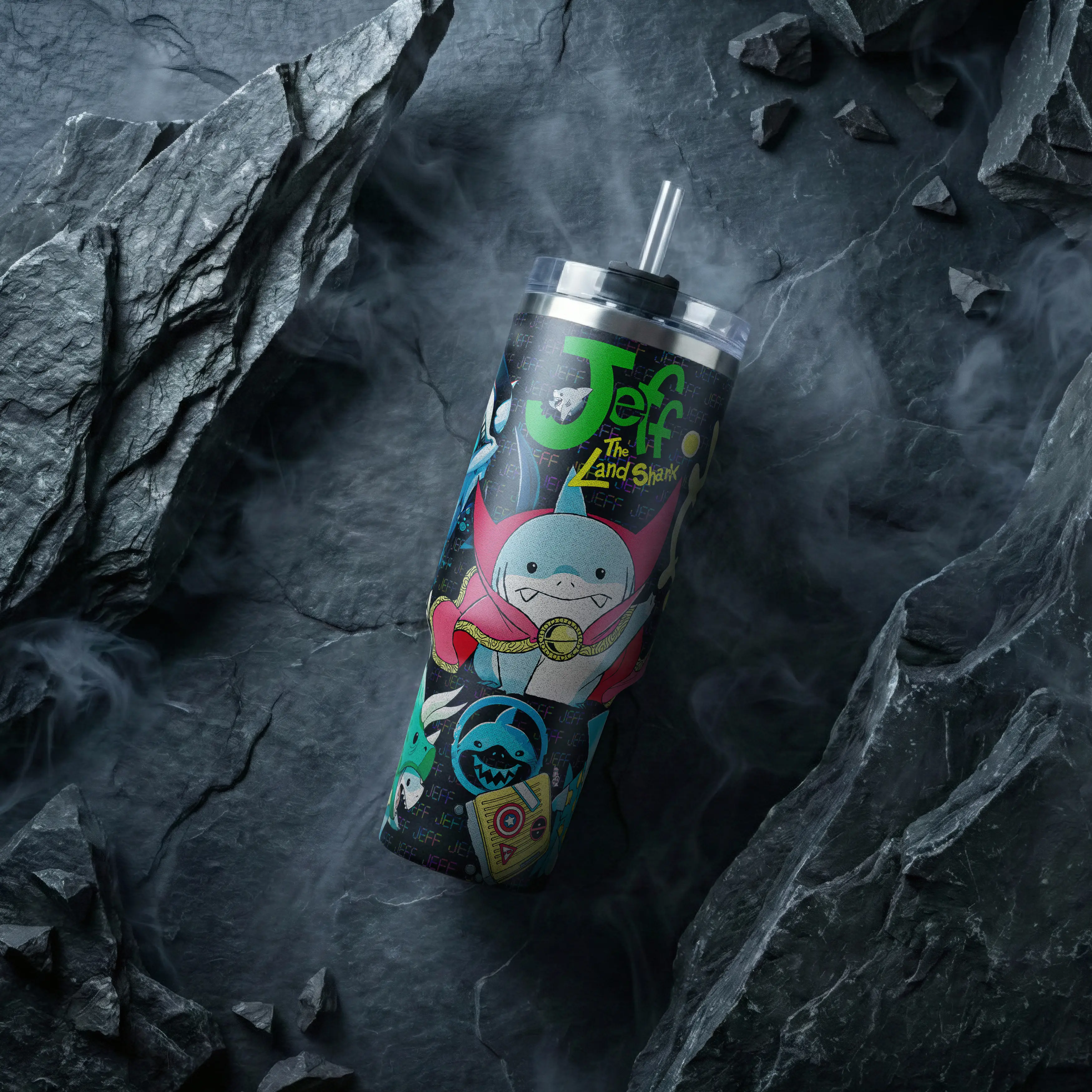 Jeff The Land Shark MV Rivals 40oz Tumbler Green Text Pattern