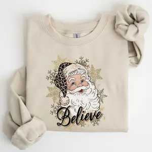 Santa Believe, Retro, Snowflakes, Christmas, Winter, Snow, Xmas Sweatshirt, Women's Crew Neck, Crewneck