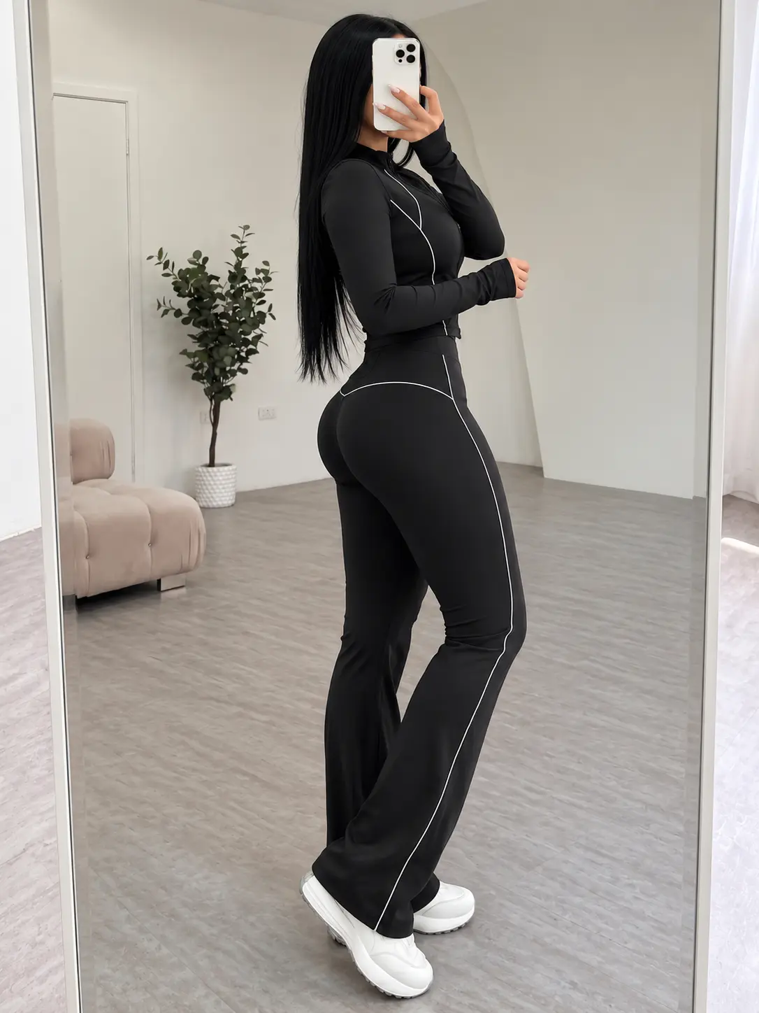 XELLE Women's 2 Piece Yoga Set - Slim Fit Full Zip Track Jacket & High Waisted Flare Yoga Pants, Retro Contrasting Piping Sweatsuit with Thumb Holes for Gym Workout & Activewear