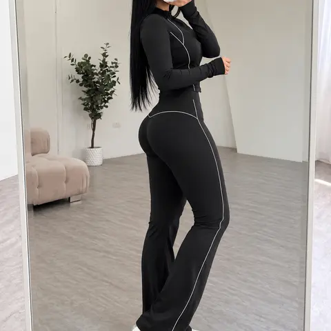 XELLE Women's 2 Piece Yoga Set - Slim Fit Full Zip Track Jacket & High Waisted Flare Yoga Pants, Retro Contrasting Piping Sweatsuit with Thumb Holes for Gym Workout & Activewear