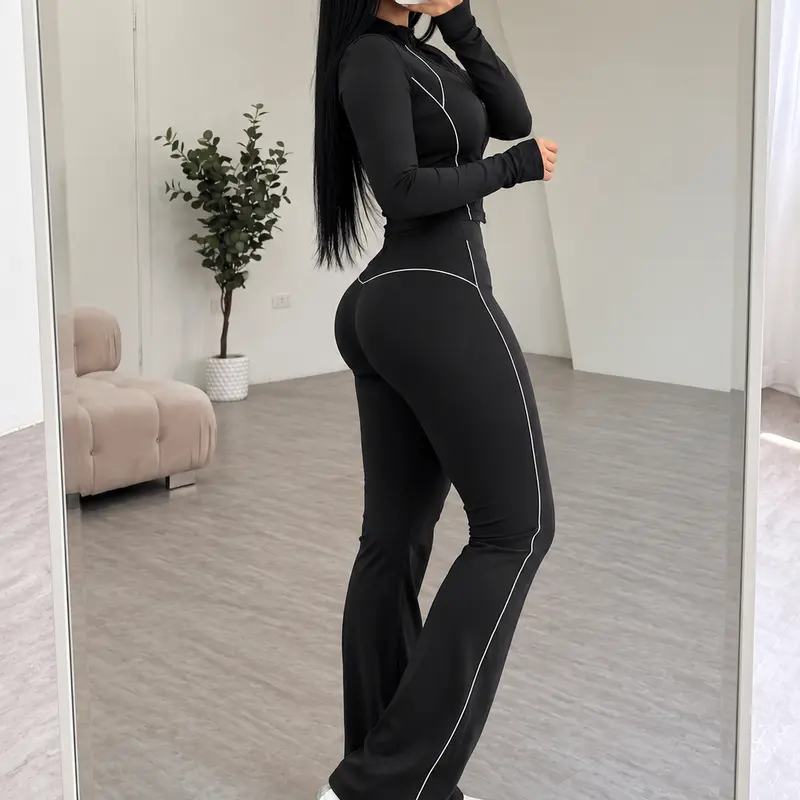 XELLE Women's 2 Piece Yoga Set - Slim Fit Full Zip Track Jacket & High Waisted Flare Yoga Pants, Retro Contrasting Piping Sweatsuit with Thumb Holes for Gym Workout & Activewear