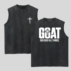 GOAT God Over All Things Washed Tank Top, Gym Essential, Vintage Casual Crewneck Sleeveless Menswear Tops Classic Cotton Fabric Streetwear