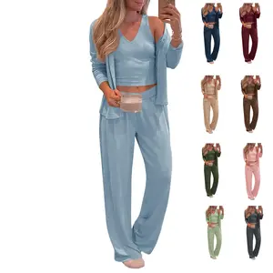 Lannew Womens 3 Piece Pajama Set Long Sleeve Shirts V Neck Tank Top Wide Leg Pants Sweatsuit Lounge Sets 2025