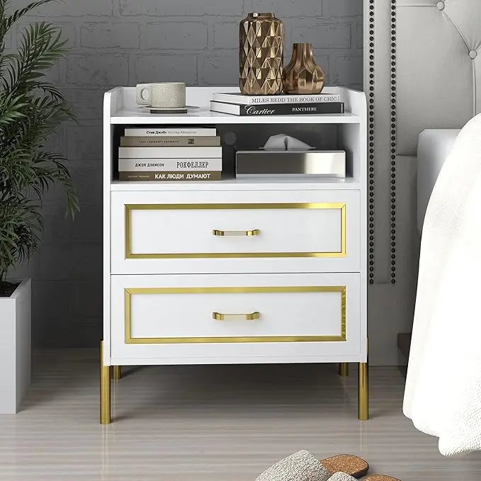 30" Tall White Nightstand, Bed Side Table with Gold Color Trim and Legs, 2 Drawers and Open Storage Shelf End Table, Fast Charging Station Modern Luxury Bedroom Furniture, 24 inch Wide Set of 2