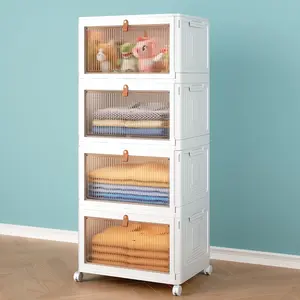 4 Tier Storage Bins with Lids, 23QT Stackable Closet Organizers and Storage with Wheels, Collapsible Storage Boxes, Foldable Plastic Storage Containers for Home,Office, Dorm Room Pink