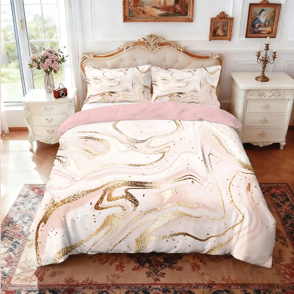 3-piece quilt cover set (1 quilt cover +2 pillowcases, no core) Light luxury pink gold marble print soft and comfortable bedding Decorative duvet cover, suitable for all rooms including hotel bedrooms and rooms Duvet Cover Set Comfy Bedding Sets