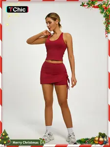 Women's Burgundy Workout Set, Sleeveless Crisscross Back Tank Top & Ruched Drawstring Skort, 2 Piece High Waisted Athletic Activewear for Yoga Gym Fitness