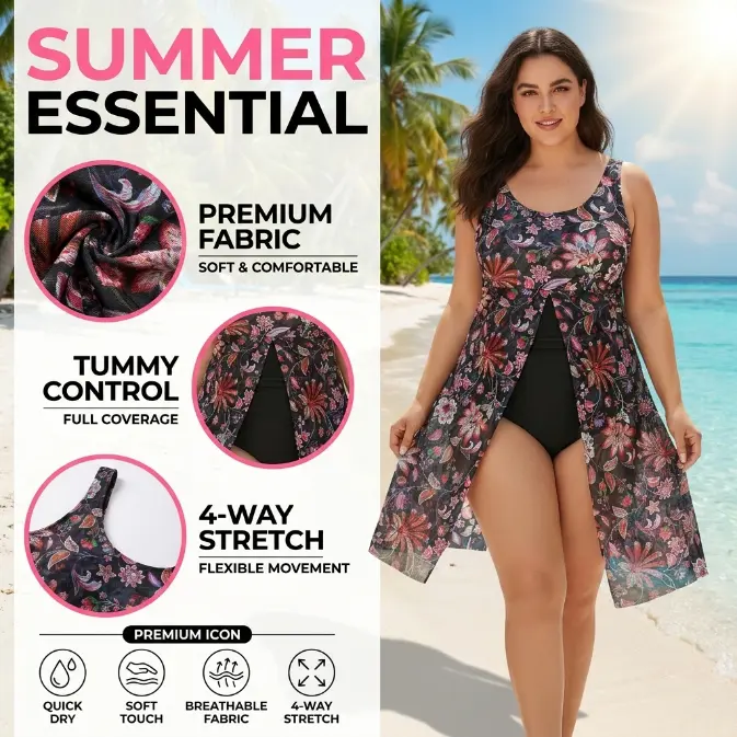 Women's Plus Size Female Printed Sleeveless Swimdress - High Elastic Synthetics Tummy Control Swimsuit, Multi-Size Belly Coverage Beachwear for Beach Vacation, 3XL