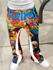 Retired Pirate Tropical Print Bell Bottoms, Parrot and Skull Casual Pants, Geometric Pattern, Fitted Style, All Seasons