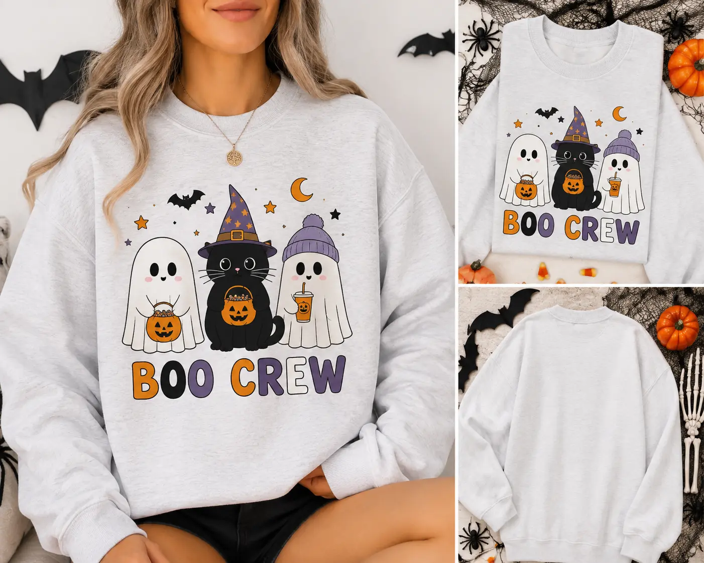 BOO CREW Halloween Sweatshirt for Women, Cute Ghost Cat Graphic Crewneck, Cozy Fall Pullover, Spooky Season Gift