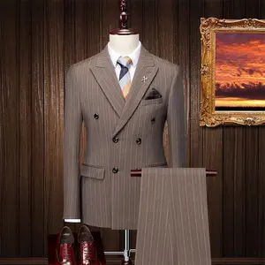 2026 spring Men Suit Outfit Double-breasted Blazer V-neck Waistcoat Straight-leg Pant Male Striped Business Three-piece Sets