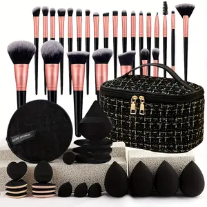 47pcs Professional Makeup Brush Set with Retractable Brushes, Ultra-Soft Nylon Bristles & Concealer/Contouring Sponges - Wet/Dry Use, Full-Size Expandable Case, Eyeshadow Blending Kit for All Light Beige Types - Foundation, Powder, Contouring, Highlightin