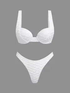 2026 new women’s solid color patchwork push-up bikini two-piece set; fashionable casual plaid low-rise two-piece swimsuit set; vacation beach swimwear and hot spring swimwear