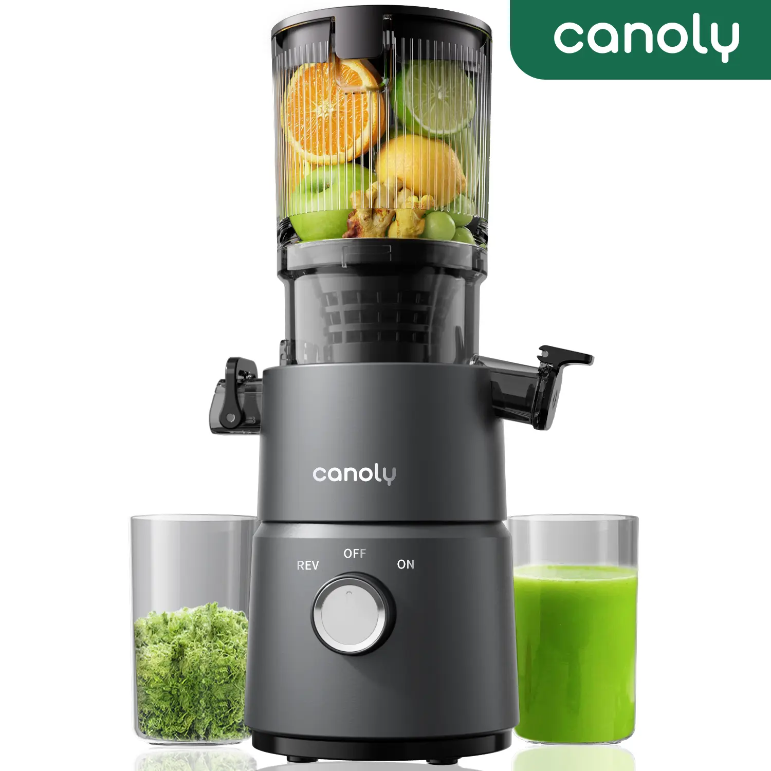 Canoly C03 Cold Press Masticating Juicer Machine - 4.5" Wide Feed Chute Juicers Machines for Whole Fruits & Vegetables, 200W Quiet Powerful Motor, 2-in-1 Juice & Nut Milk Strainer, Space-Saving (Matte Black)