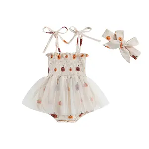 Imcute Baby Girl Two Piece Outfits Pumpkin Print Mesh Summer Romper Dress and Stretch Headband Cute Halloween Clothes
