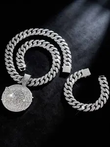 2pcs Iced Out Cuban Link Chain & Bracelet Set with Bling Round Pendant | Hip Hop Maximalist Jewelry for Men Women, Elegant Jewelry Set Trendy Jewelry Set Fashion Jewelry Set